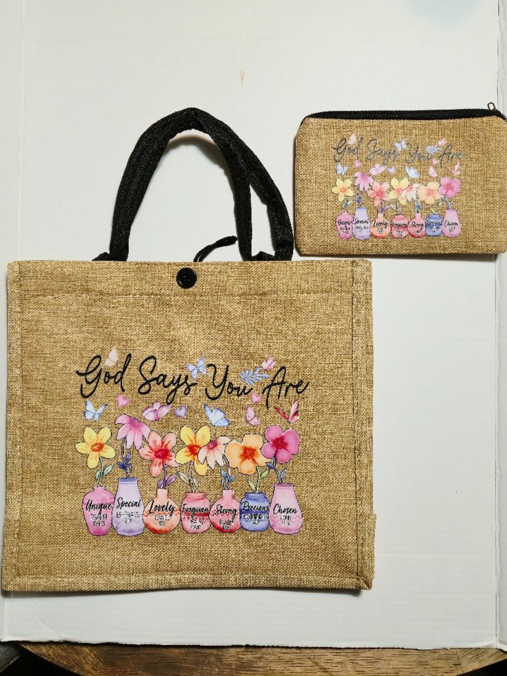 New "God Says You Are Unique, Special, Lovely, Forgiven 2 Piece Floral Tote Bag